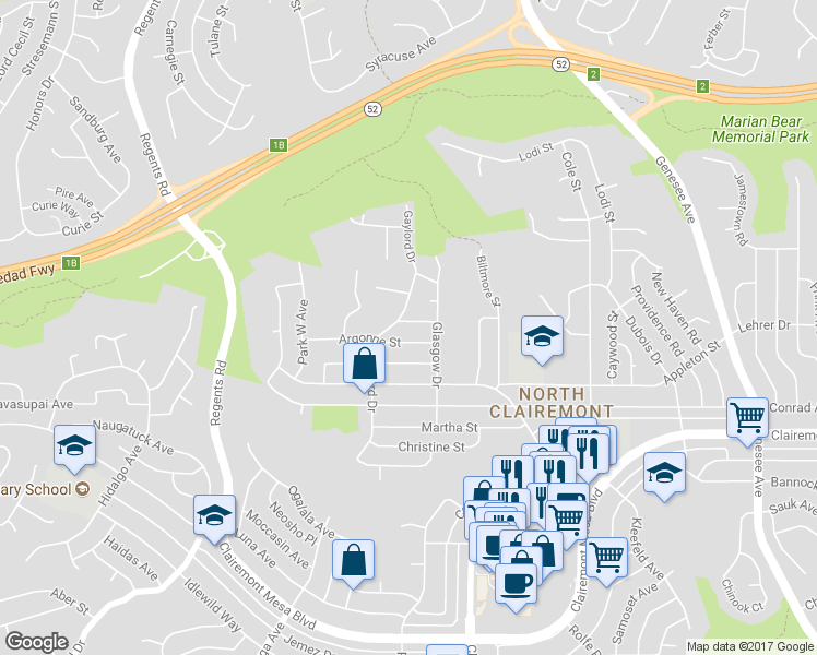 map of restaurants, bars, coffee shops, grocery stores, and more near 3621 Armitage Street in San Diego
