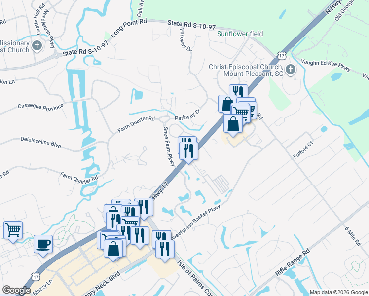 map of restaurants, bars, coffee shops, grocery stores, and more near 2070 Emerald Terrace in Mount Pleasant