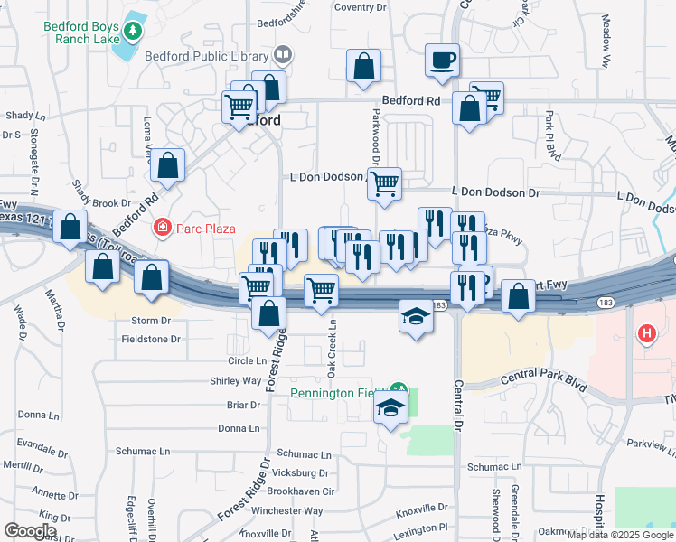 map of restaurants, bars, coffee shops, grocery stores, and more near 1727 Airport Fwy in Bedford