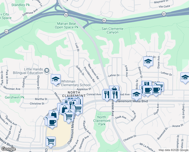 map of restaurants, bars, coffee shops, grocery stores, and more near 5058 New Haven Road in San Diego
