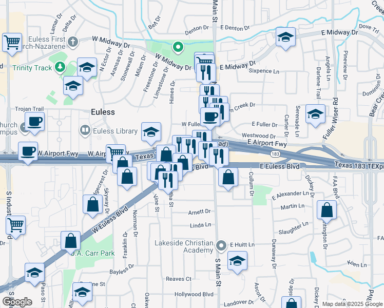 map of restaurants, bars, coffee shops, grocery stores, and more near 121 West Airport Freeway in Euless