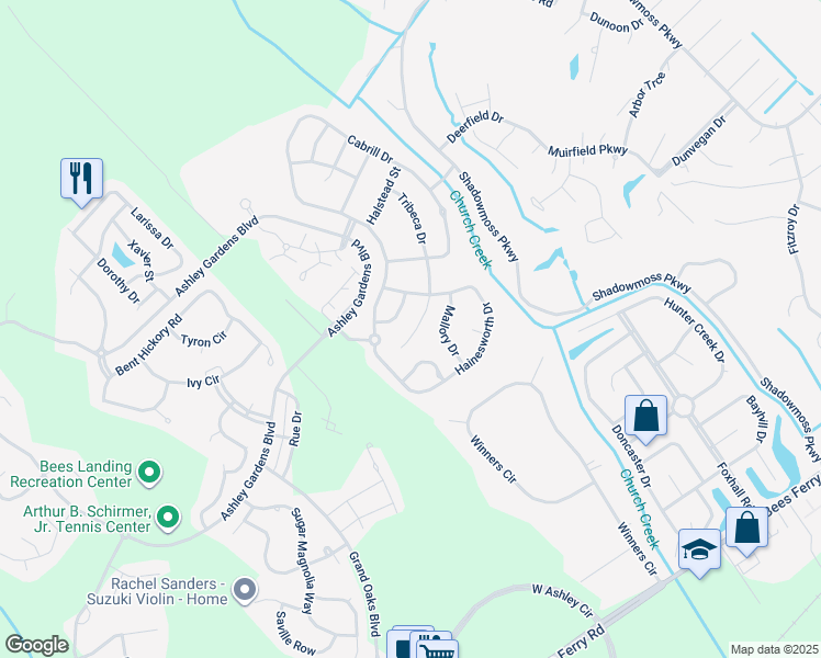 map of restaurants, bars, coffee shops, grocery stores, and more near 599 Tribeca Court in Charleston