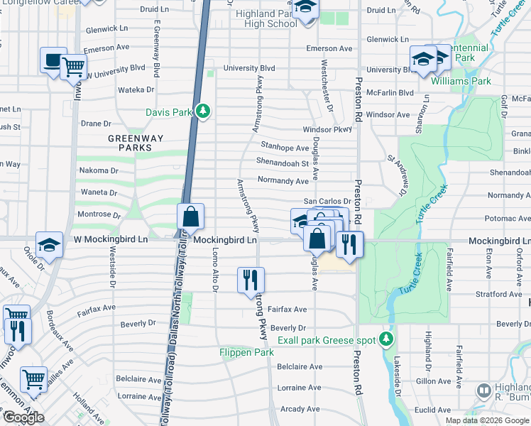 map of restaurants, bars, coffee shops, grocery stores, and more near 4364 Potomac Avenue in Dallas