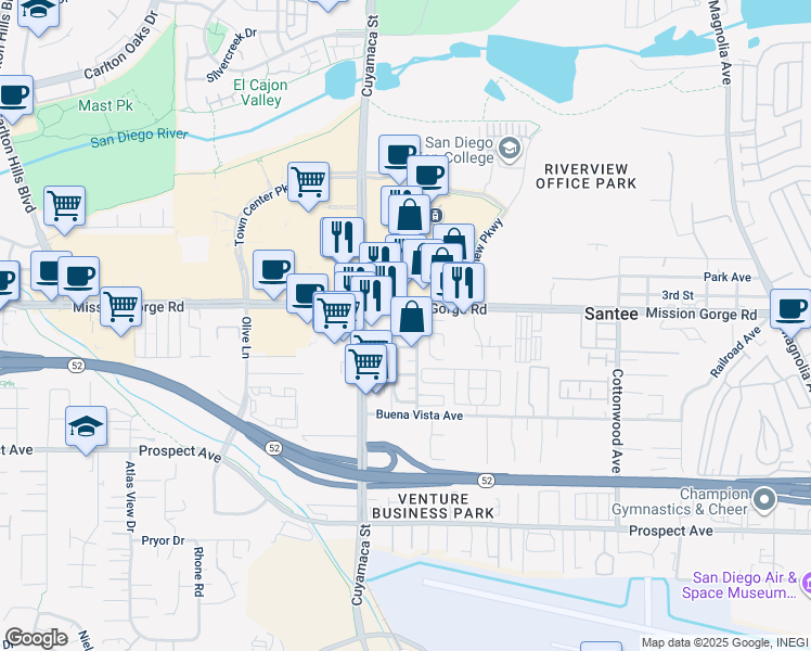 map of restaurants, bars, coffee shops, grocery stores, and more near 9846 Mission Vega Road in Santee