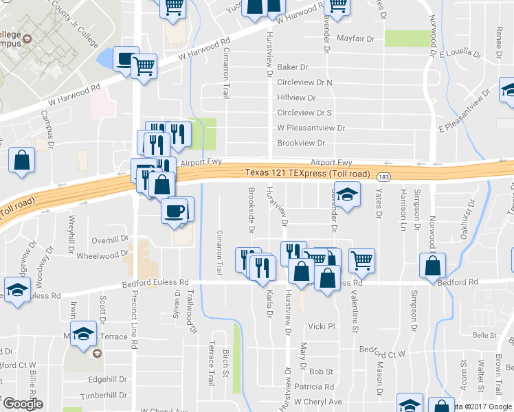 map of restaurants, bars, coffee shops, grocery stores, and more near 1428 Brookside Drive in Hurst