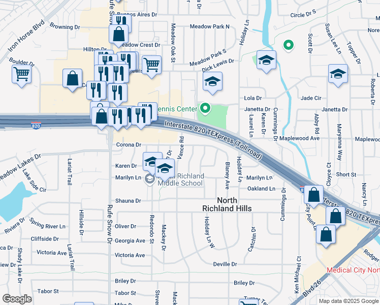 map of restaurants, bars, coffee shops, grocery stores, and more near 4924 Harrell Street in North Richland Hills