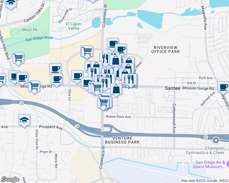 map of restaurants, bars, coffee shops, grocery stores, and more near 9846 Mission Vega Road in Santee