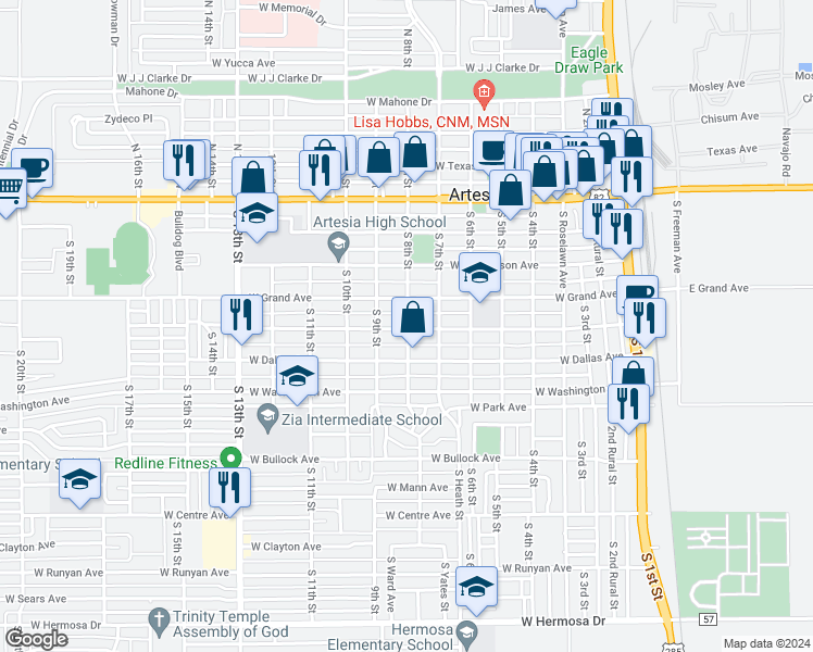 map of restaurants, bars, coffee shops, grocery stores, and more near 451-499 South 8th Street in Artesia