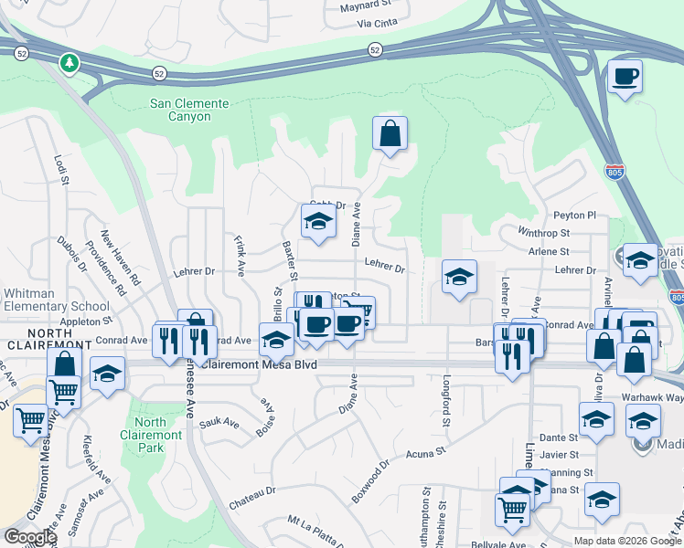map of restaurants, bars, coffee shops, grocery stores, and more near 4788 Aberdeen Street in San Diego