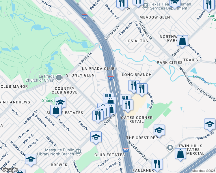 map of restaurants, bars, coffee shops, grocery stores, and more near 2125 Pinehurst Lane in Mesquite