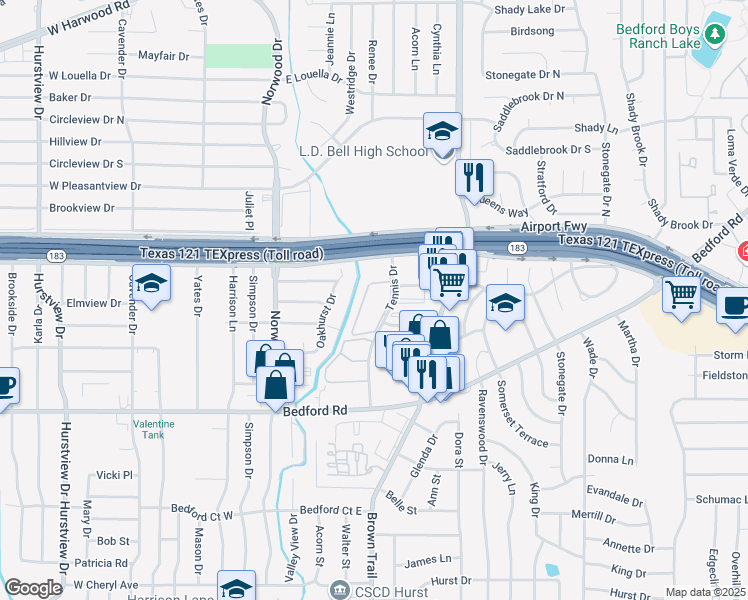map of restaurants, bars, coffee shops, grocery stores, and more near 1501 Tennis Drive in Bedford