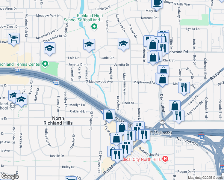 map of restaurants, bars, coffee shops, grocery stores, and more near 5021 Winder Court in North Richland Hills
