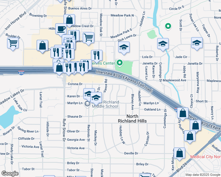 map of restaurants, bars, coffee shops, grocery stores, and more near 4924 Harrell Street in North Richland Hills