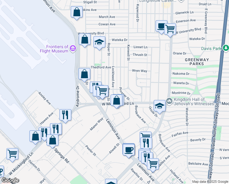 map of restaurants, bars, coffee shops, grocery stores, and more near 6546 Lockheed Avenue in Dallas