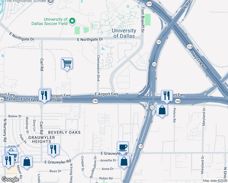 map of restaurants, bars, coffee shops, grocery stores, and more near 3122 Tom Braniff Drive in Irving