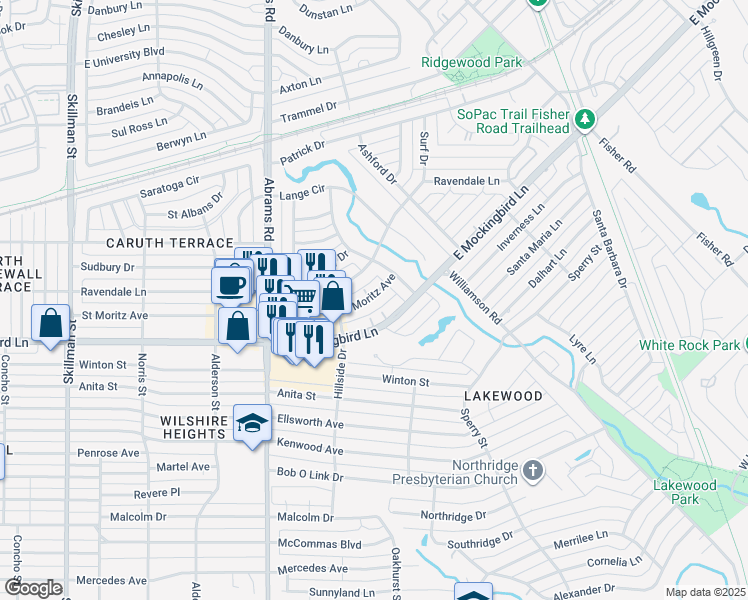 map of restaurants, bars, coffee shops, grocery stores, and more near 6532 Saint Moritz Avenue in Dallas