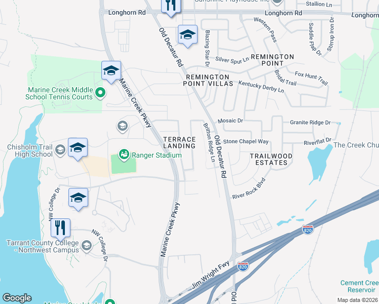 map of restaurants, bars, coffee shops, grocery stores, and more near 5165 Austin Ridge Drive in Fort Worth