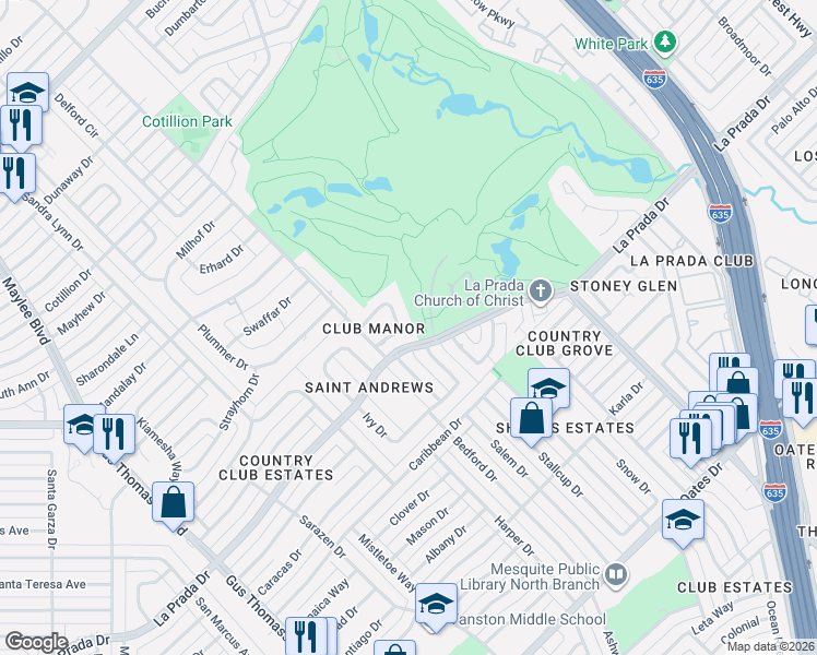 map of restaurants, bars, coffee shops, grocery stores, and more near 4155 Manorview Lane in Dallas