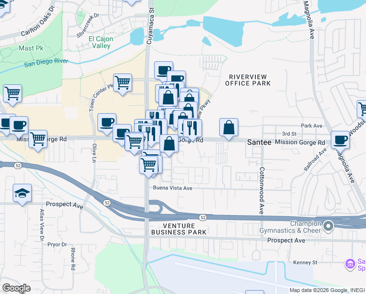 map of restaurants, bars, coffee shops, grocery stores, and more near 9932 Mission Vega Road in Santee