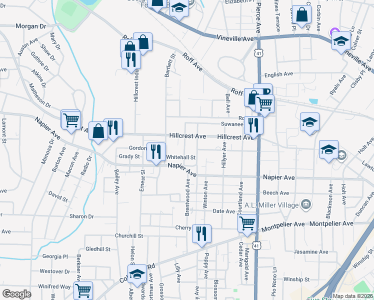 map of restaurants, bars, coffee shops, grocery stores, and more near 992 Inverness Avenue in Macon