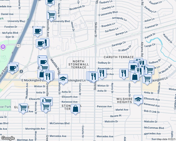map of restaurants, bars, coffee shops, grocery stores, and more near 4242 Somerville Avenue in Dallas