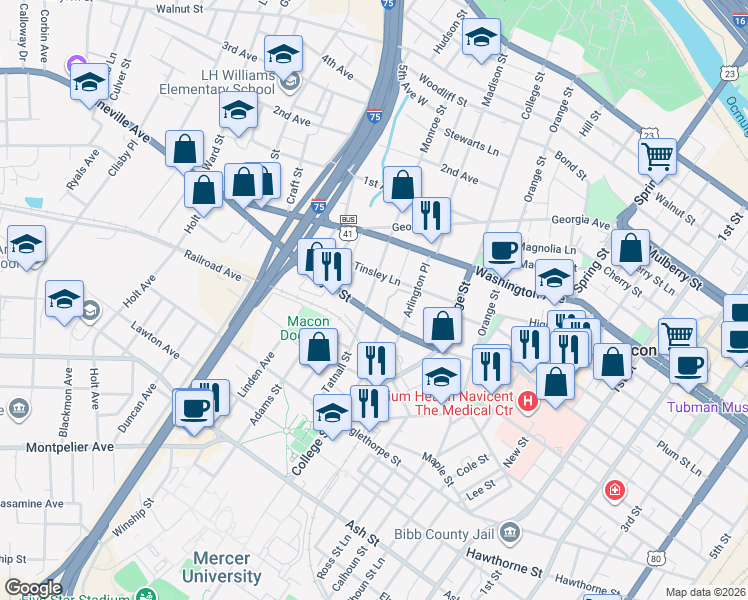 map of restaurants, bars, coffee shops, grocery stores, and more near 688 Monroe Street in Macon