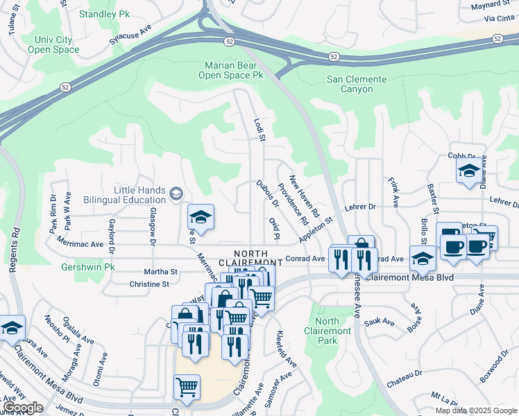 map of restaurants, bars, coffee shops, grocery stores, and more near 5122 Caywood Street in San Diego