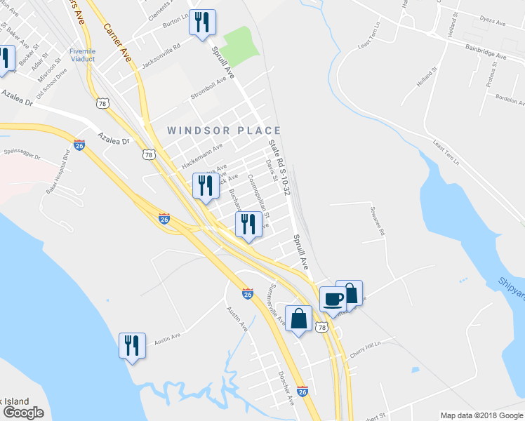 map of restaurants, bars, coffee shops, grocery stores, and more near 2000 Groveland Avenue in North Charleston