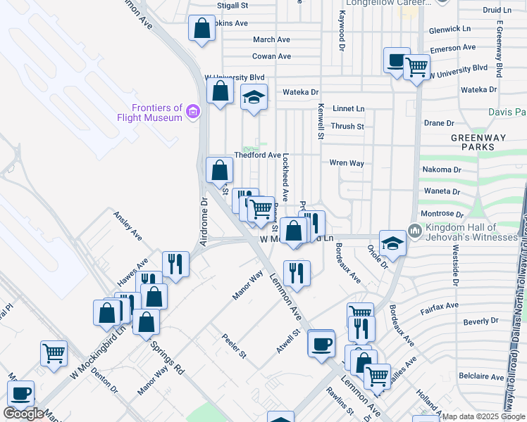 map of restaurants, bars, coffee shops, grocery stores, and more near 6540 Victoria Avenue in Dallas
