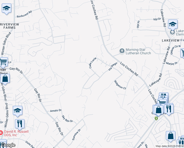 map of restaurants, bars, coffee shops, grocery stores, and more near 8838 Via Diego Terrace in Lakeside