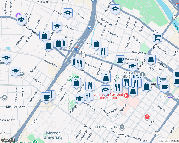 map of restaurants, bars, coffee shops, grocery stores, and more near 688 Monroe Street in Macon