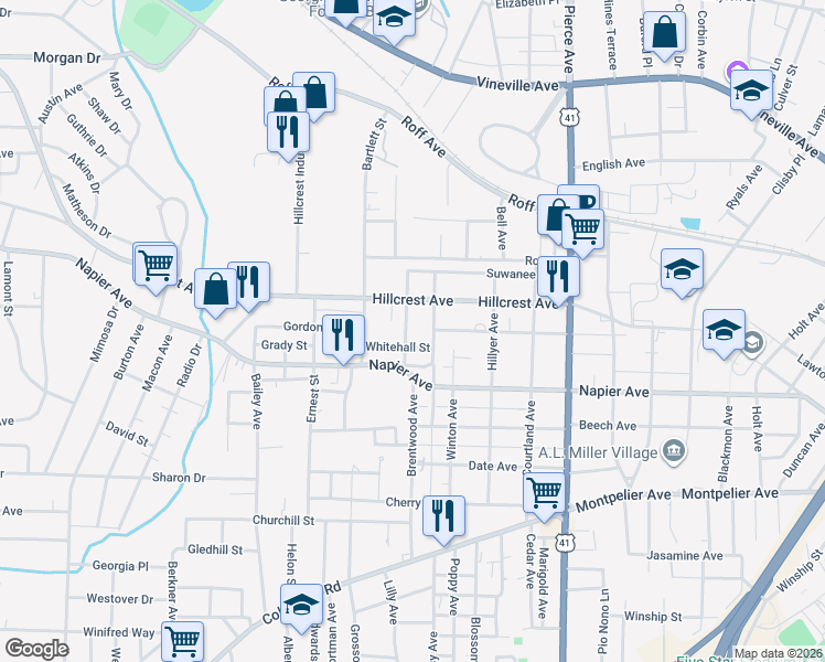 map of restaurants, bars, coffee shops, grocery stores, and more near 992 Inverness Avenue in Macon