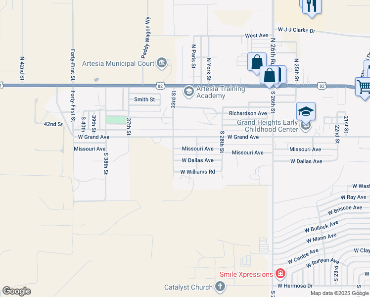 map of restaurants, bars, coffee shops, grocery stores, and more near 3203 Missouri Avenue in Artesia