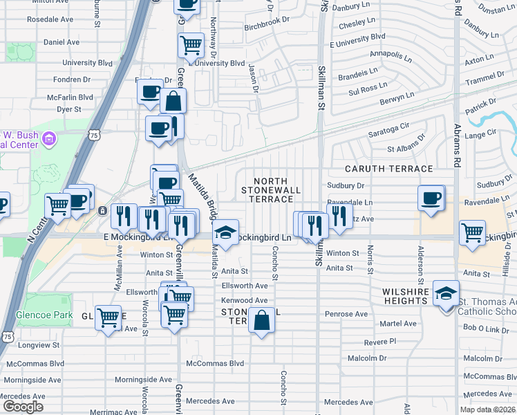 map of restaurants, bars, coffee shops, grocery stores, and more near 4240 Delmar Avenue in Dallas