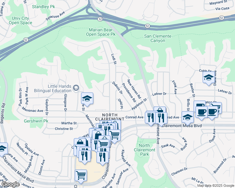 map of restaurants, bars, coffee shops, grocery stores, and more near 5122 Caywood Street in San Diego