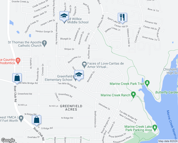 map of restaurants, bars, coffee shops, grocery stores, and more near 5909 Sea Bass Court in Fort Worth