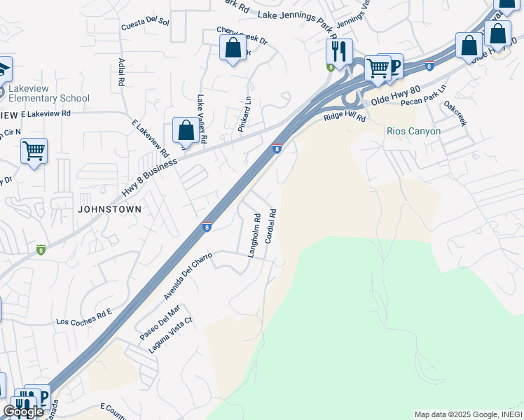 map of restaurants, bars, coffee shops, grocery stores, and more near 8725 Langholm Road in El Cajon