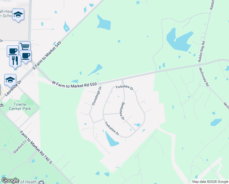 map of restaurants, bars, coffee shops, grocery stores, and more near 109 Yorkshire Dr in Heath