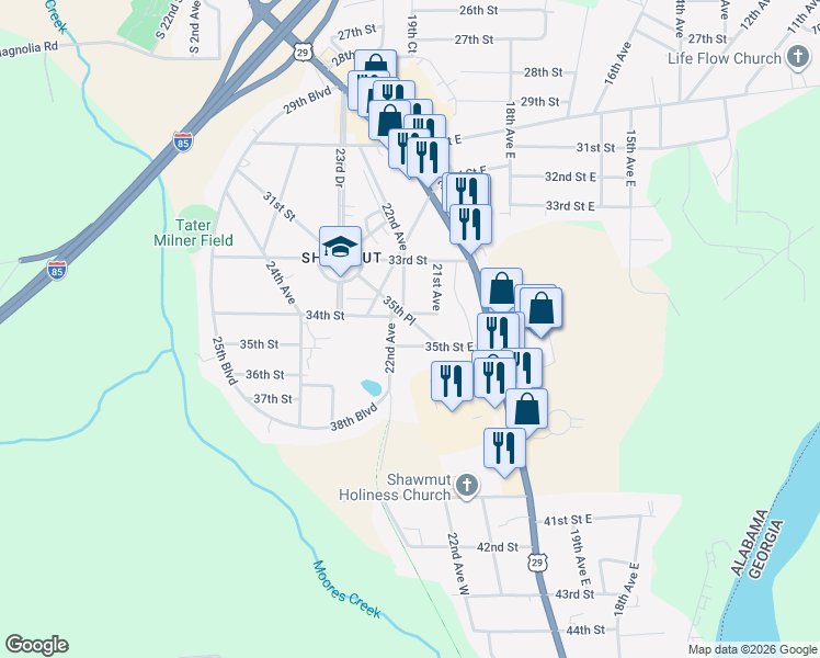 map of restaurants, bars, coffee shops, grocery stores, and more near 3405 35th Place in Valley