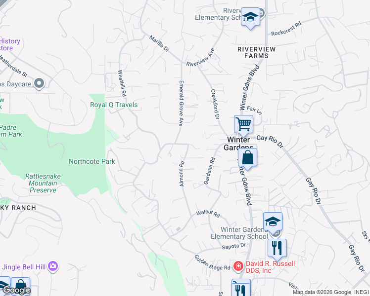map of restaurants, bars, coffee shops, grocery stores, and more near 8832 Almond Road in Lakeside