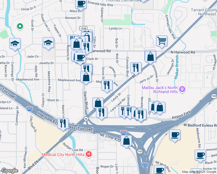 map of restaurants, bars, coffee shops, grocery stores, and more near 7909 Birchwood Drive in North Richland Hills