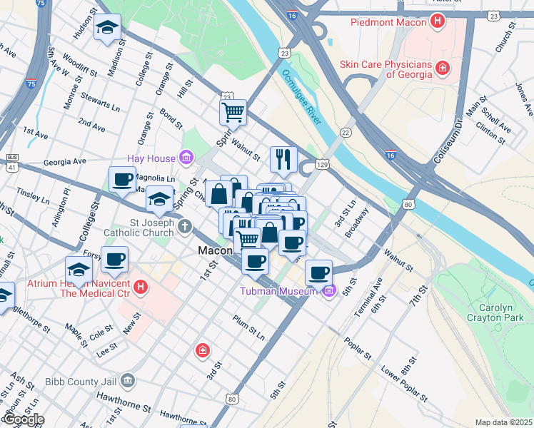 map of restaurants, bars, coffee shops, grocery stores, and more near 652 Mulberry Street in Macon