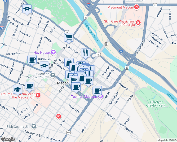 map of restaurants, bars, coffee shops, grocery stores, and more near 608 Mulberry Street in Macon