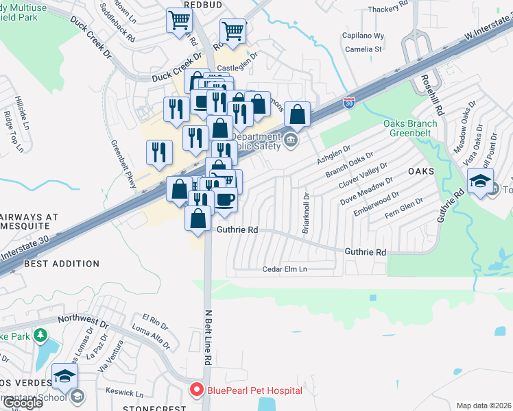 map of restaurants, bars, coffee shops, grocery stores, and more near 6301 Glenmoor Drive in Garland