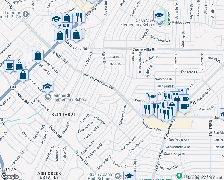 map of restaurants, bars, coffee shops, grocery stores, and more near 1802 Gus Thomasson Road in Dallas