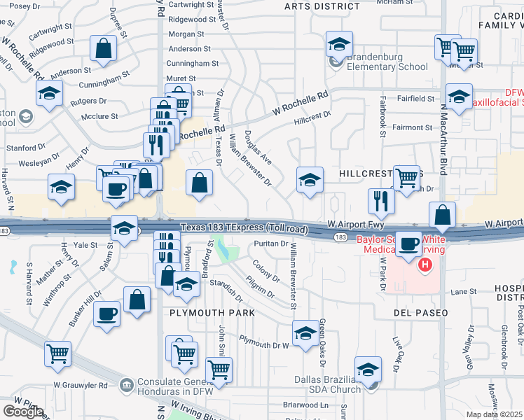 map of restaurants, bars, coffee shops, grocery stores, and more near 1999 West Airport Freeway in Irving