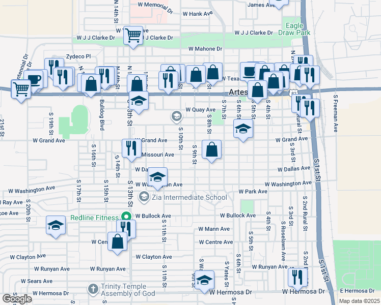 map of restaurants, bars, coffee shops, grocery stores, and more near 904 West Missouri Avenue in Artesia
