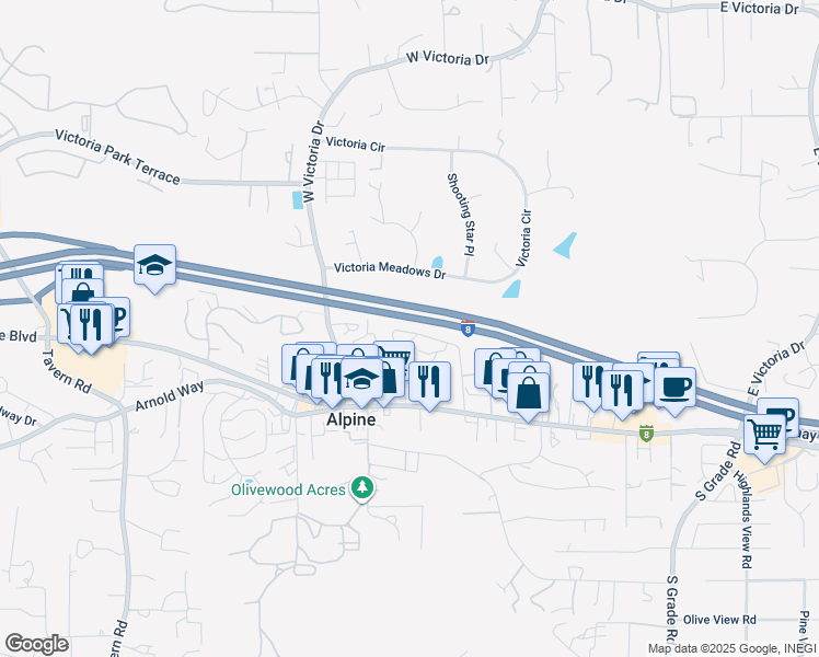 map of restaurants, bars, coffee shops, grocery stores, and more near 2400 Alpine Boulevard in Alpine