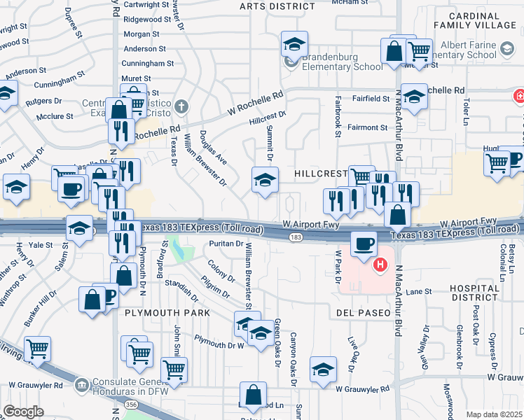 map of restaurants, bars, coffee shops, grocery stores, and more near 1615 West Airport Freeway in Irving