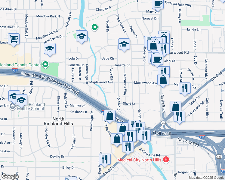map of restaurants, bars, coffee shops, grocery stores, and more near 5021 Winder Court in North Richland Hills